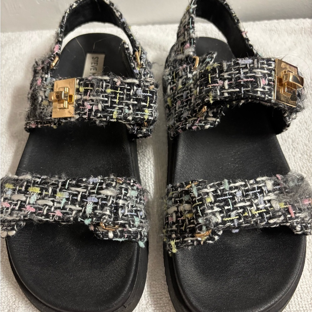 Steve Madden Black Tweed Sandals with Gold Buckles